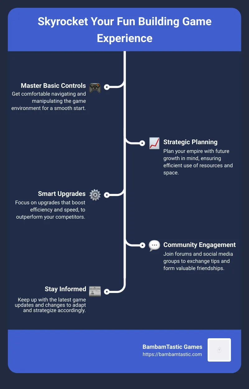 Infographic detailing how mastering basic controls, engaging with the community, and strategic planning can skyrocket your fun building game experience to new heights, including tips on prioritizing upgrades, learning from the best, and staying updated on game changes for an all-encompassing approach to dominating in fun building games. - fun build games infographic infographic-line-5-steps