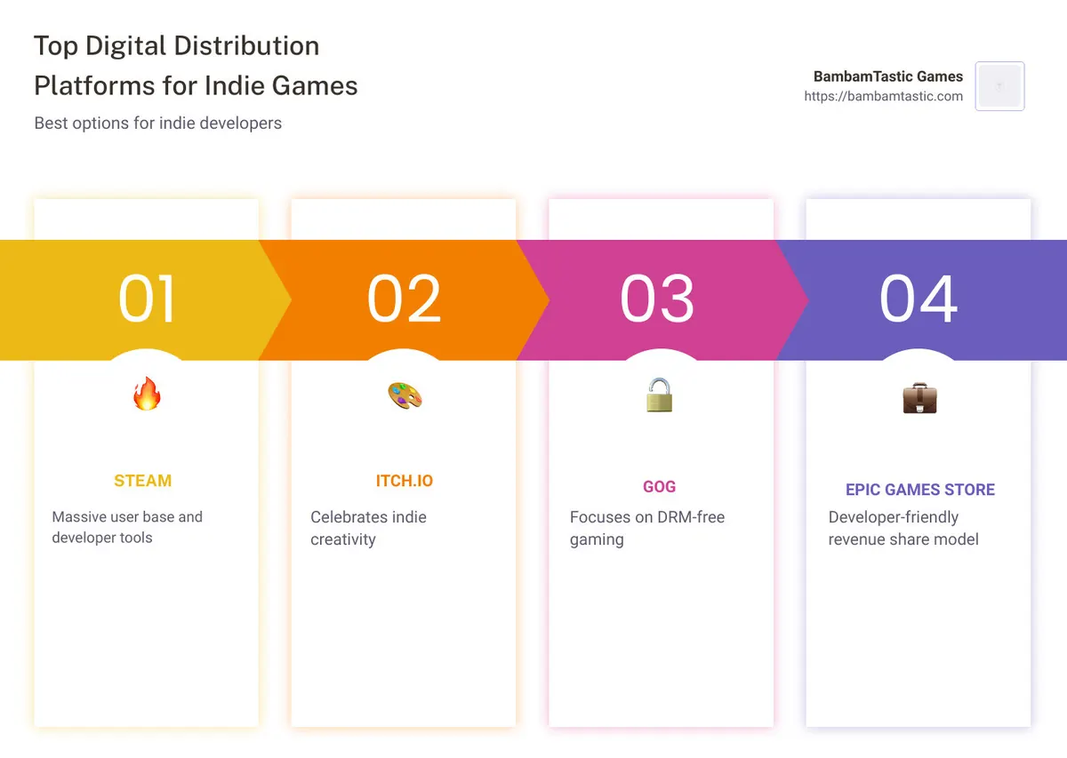 Top Distribution Platforms for Indie Developers - best digital distribution for games infographic pillar-4-steps
