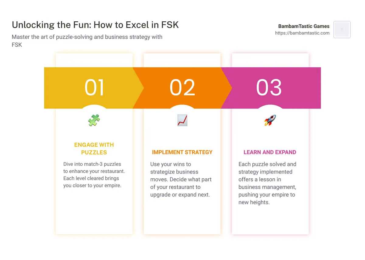 Best games to play in Google, featuring FSK by BambamTastic Games: An engaging mix of strategy, puzzle-solving, and business simulation presented in an easy to access and play format. - best games to play in google infographic pillar-3-steps
