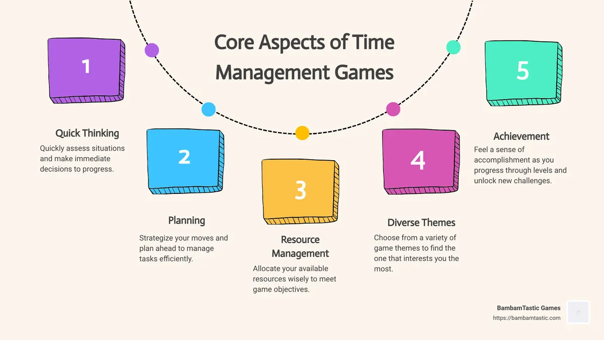 Infographic demonstrating the core aspects of time management games: Quick Thinking, Resource Management, Diverse Themes, and Achievement - time management games infographic process-5-steps-informal